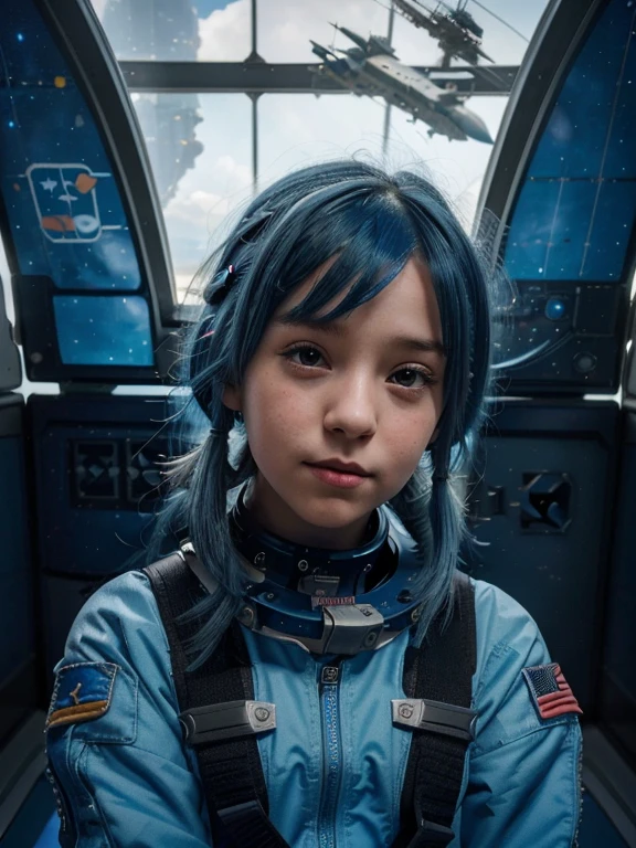 (a five-year-old blue-haired girl,girl:1.1), (in front of a large window), (overlooking a hangar), (with spaceships on a space station),[detailed girl's face], [space-themed background], (best quality, 4k, highres), ultra-detailed, (realistic:1.37), [vivid colors], (concept artists:1.1)