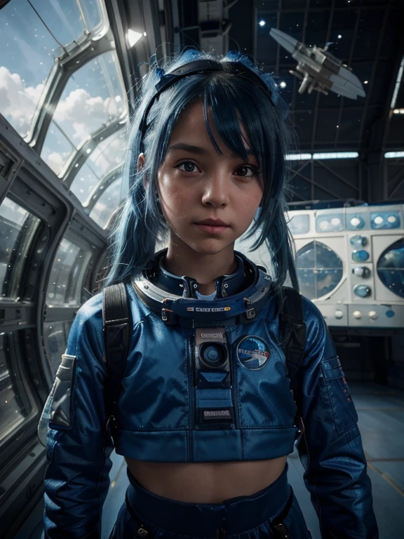 (a five-year-old blue-haired girl,girl:1.1), (in front of a large window), (overlooking a hangar), (with spaceships on a space station),[detailed girl's face], [space-themed background], (best quality, 4k, highres), ultra-detailed, (realistic:1.37), [vivid colors], (concept artists:1.1)