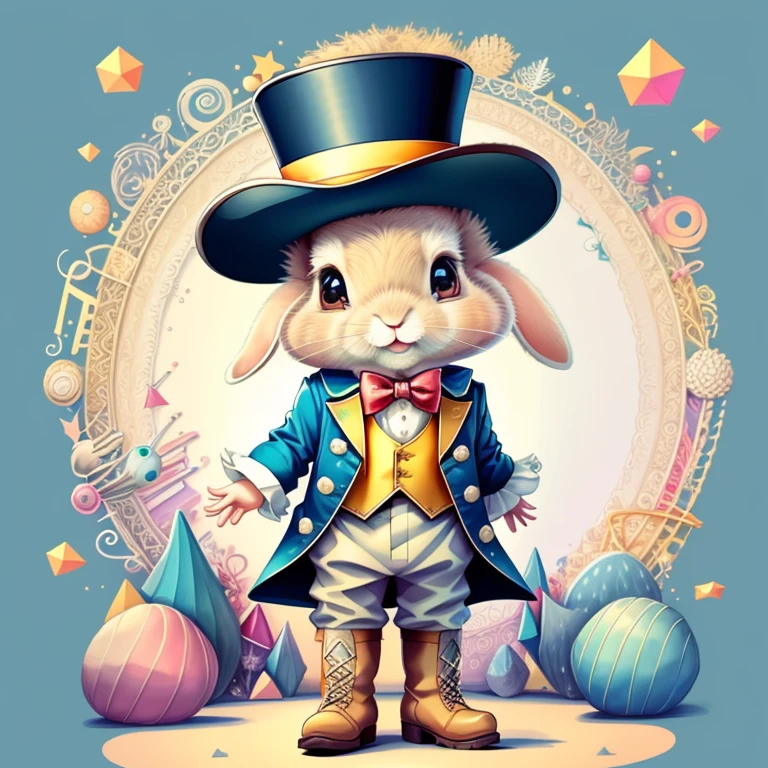 (cute baby rabbit smiling with a jacket, top hat and boots), Munchkin ,Geometric multidimensional wall portrait, livro de arte, Tchibi,
Yang08k, Beautiful, Colouring,
Obras, of the highest quality, best quality, Arte Oficial, Beautiful and Aesthetic,