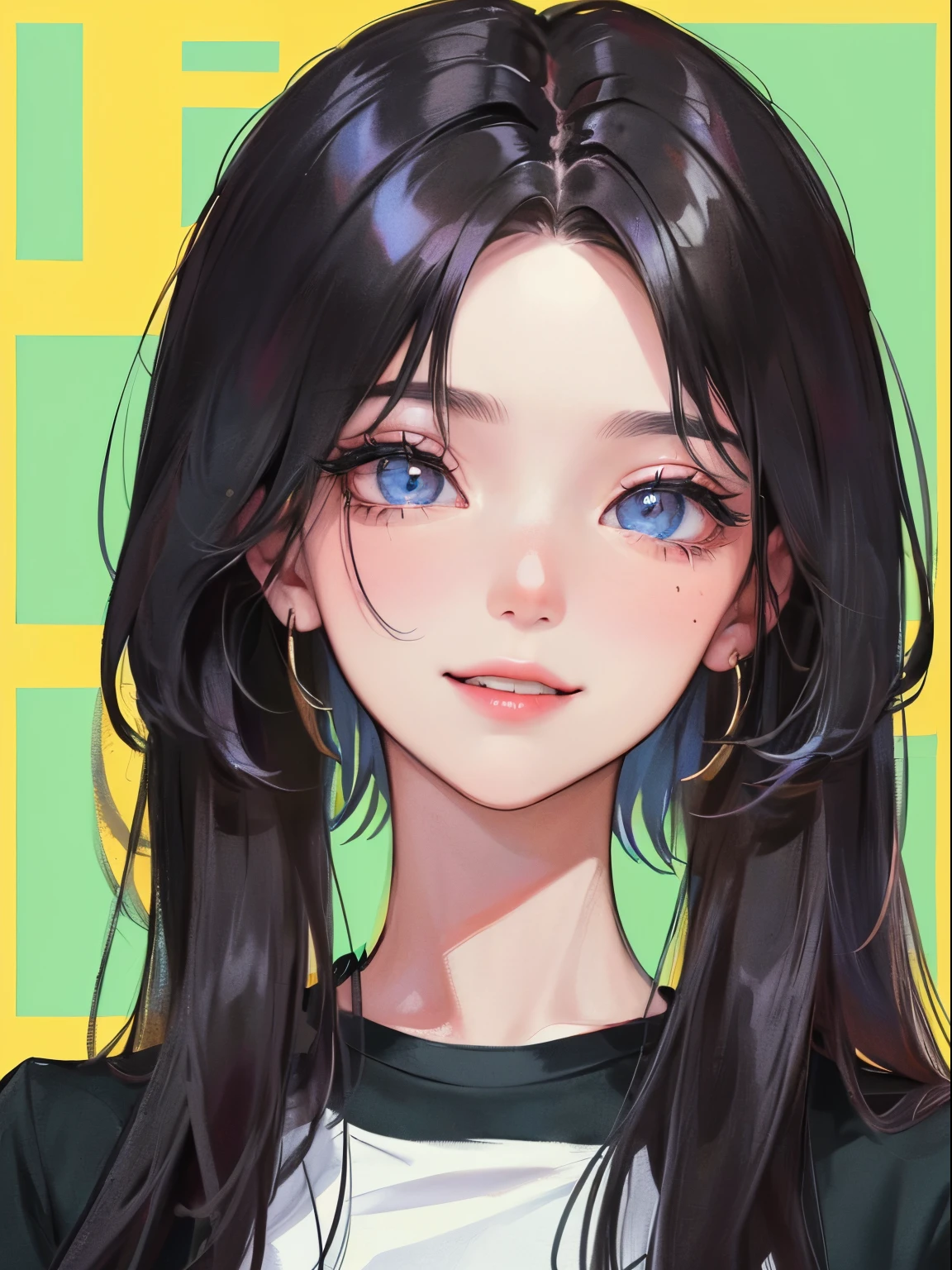 (((1人の女性)))、(Top resolution、Distinct_image) best qualtiy、(((Pop)))、1990's、((colorful backdrop))、((illuminating))、ighly detailed、Semi-realistic、Black hair、((hairstyle I made、A smile、bangss、20yr old、年轻、((tshirts))、delicate facial features facial features、View from below、((Detailed eyes))