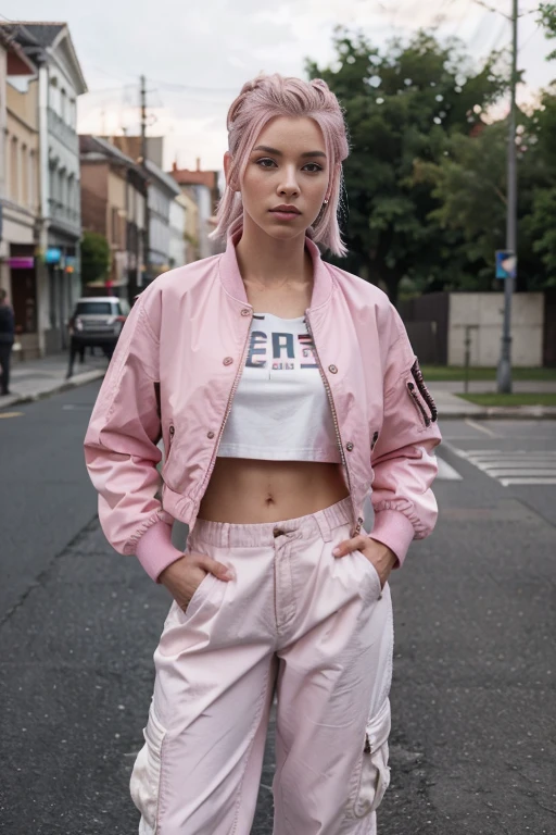 White european woman, dreads sidecut hairstyle, gradient pink hair. Bob jacket, cargo pants, Perfect hands, perfect body, blurry foreground, accurate, textured skin, super detail, high detail, high quality, 8k
