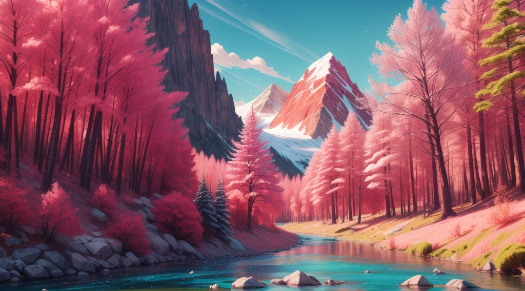A big mountain with a beautiful river, pink trees, red leaf, pinup, postcard, postal landscape, Ultra-Wide Angle, f/16, 135mm, Nikon, super detail, high quality, award winning, highres, 8k, UHD