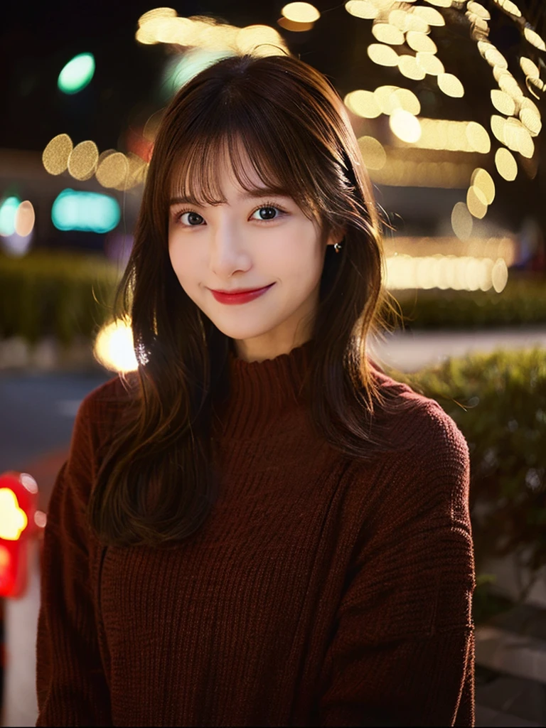 {"query": 「a person」}、((Realistic lighting、top-quality、8K、masterpiece:1.3))、Focus:1.2、1 girl、Perfect figure:1.4、Slim abs:1.1、((dark brown hair))、(outside of house、Daytime:1.1)、(Super fine face、A smile)、big eye、Christmas、long sleeve one piece、illuminated christmas、night landscape、