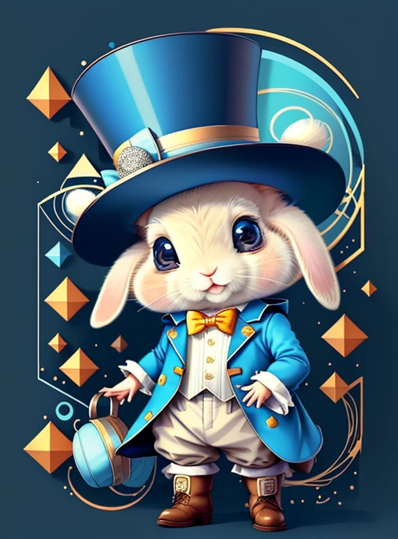 (cute baby rabbit smiling with a jacket, blue top hat and boots), Munchkin ,Geometric multidimensional wall portrait, livro de arte, Tchibi,
Yang08k, Beautiful, Colouring,
Obras, of the highest quality, best quality, Arte Oficial, Beautiful and Aesthetic,