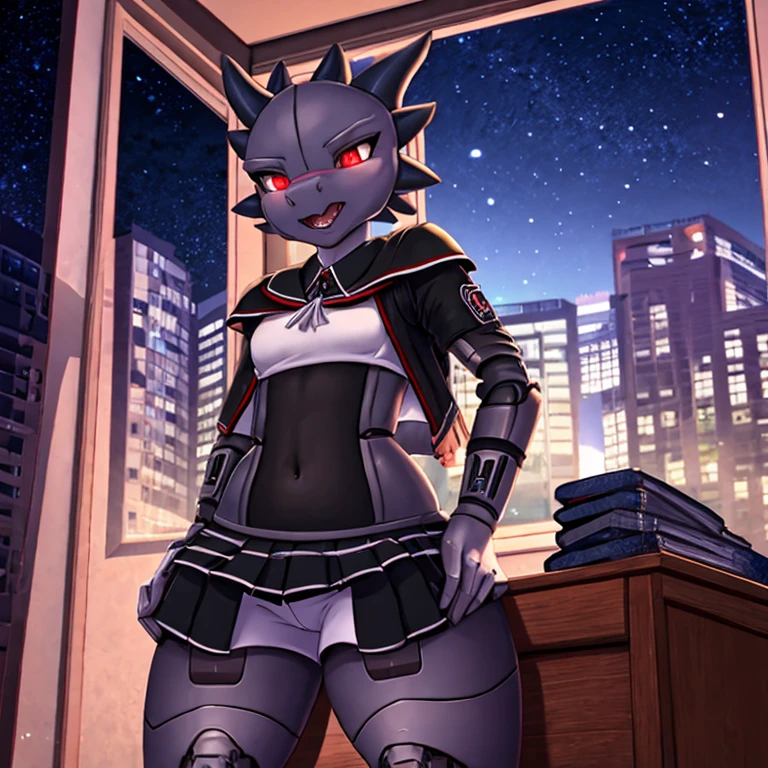 female, schoolgirl uniform, nude , leaning on desk, licking girl, licking vagina, legs spread, small breasts, thin body, young, , eighteen, kobold, black white, glowing eyes, robotic, metallic, android, metal body, standing, horny face, panting, high quality, masterpiece, curved thighs, shiny with tail, in classroom at night