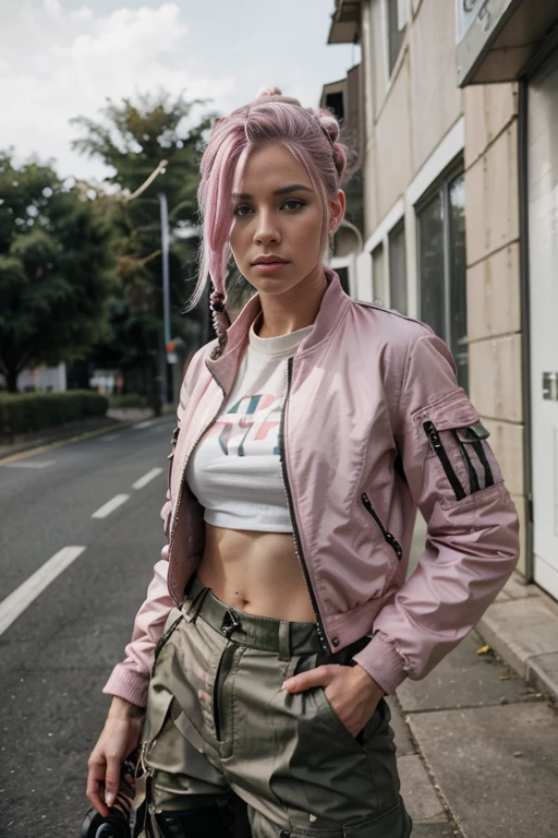 White european woman, dreads sidecut hairstyle, gradient pink hair. Cammo jacket, gray cargo pants, motorcycle Perfect hands, perfect body, blurry foreground, accurate, textured skin, super detail, high detail, high quality, 8k