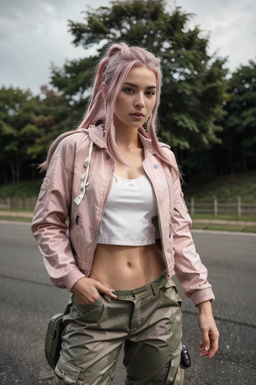 White european woman, dreads sidecut hairstyle, gradient pink hair. Cammo jacket, gray cargo pants, motorcycle Perfect hands, perfect body, blurry foreground, accurate, textured skin, super detail, high detail, high quality, 8k