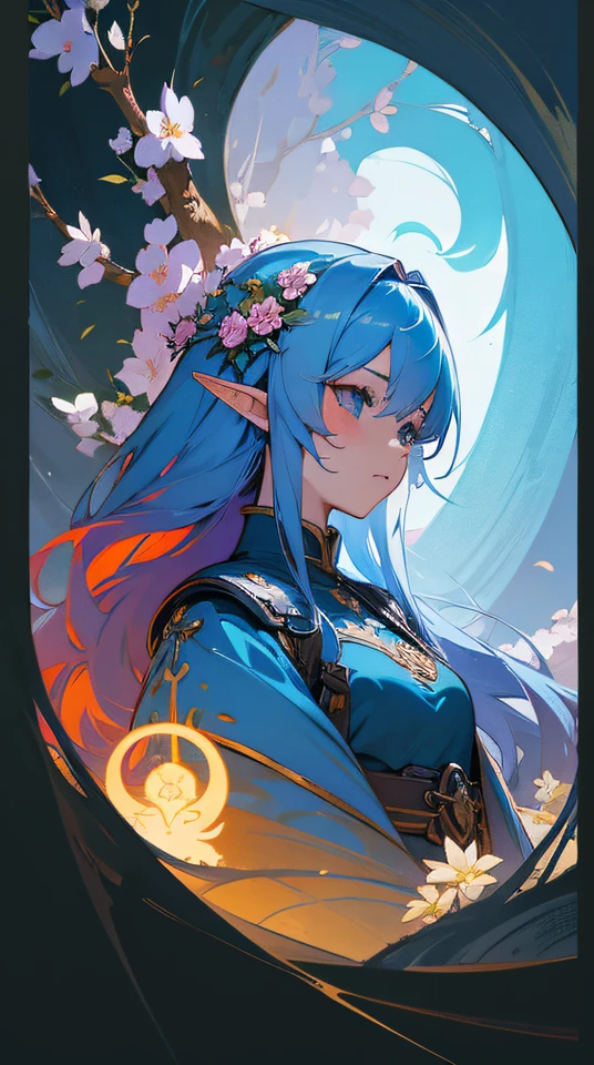 Anime girl with flowers in her hair and blue dress, portrait knights of zodiac girl, anime fantasy illustration, Anime fantasy art, Elf in a flower suit, detailed digital anime art, fantasy art style, guweiz on pixiv artstation, Yang J, guweiz on artstation pixiv, trending on artstation pixiv, Flower Goddess