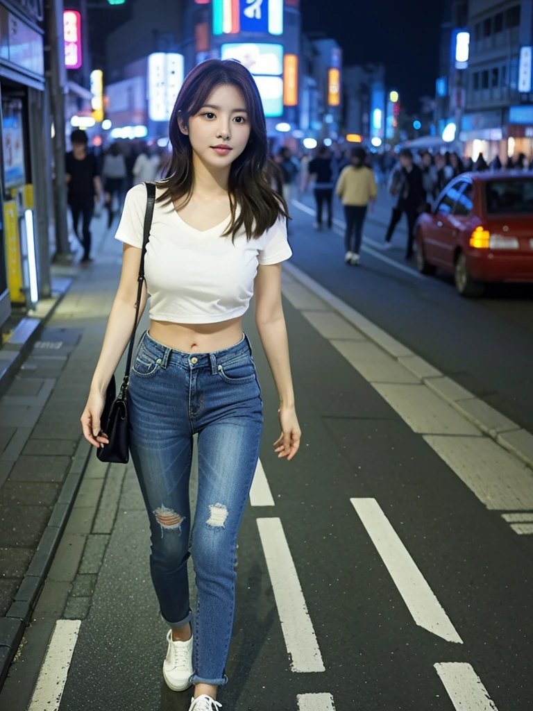 A beautiful korean girl walking on footpath in night listening music in headphone, tokyo city, wearing a tight tshirt and short jeans, and a casual shoe in legs, long thin legs, beautiful eyes, big boobs, underboob, high-quality realistic