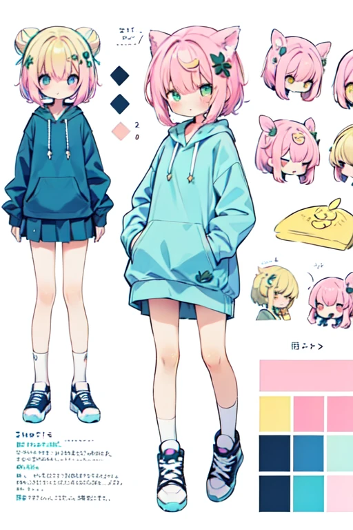 1girl in, ((Character information)、(Chara Leaf)、pastel dimmed colors, (Yellow color palette.:1.2, Blue:1.2, Pink:1.2), (Blue hair bun and blonde), Short fashionable skirt, (Lush pastel dresses), petite girl, robot horse,Type sheet, Character Sheets, Three types,Shot Full Body,Game Character Design,pink hair, green color, Green hoodie,