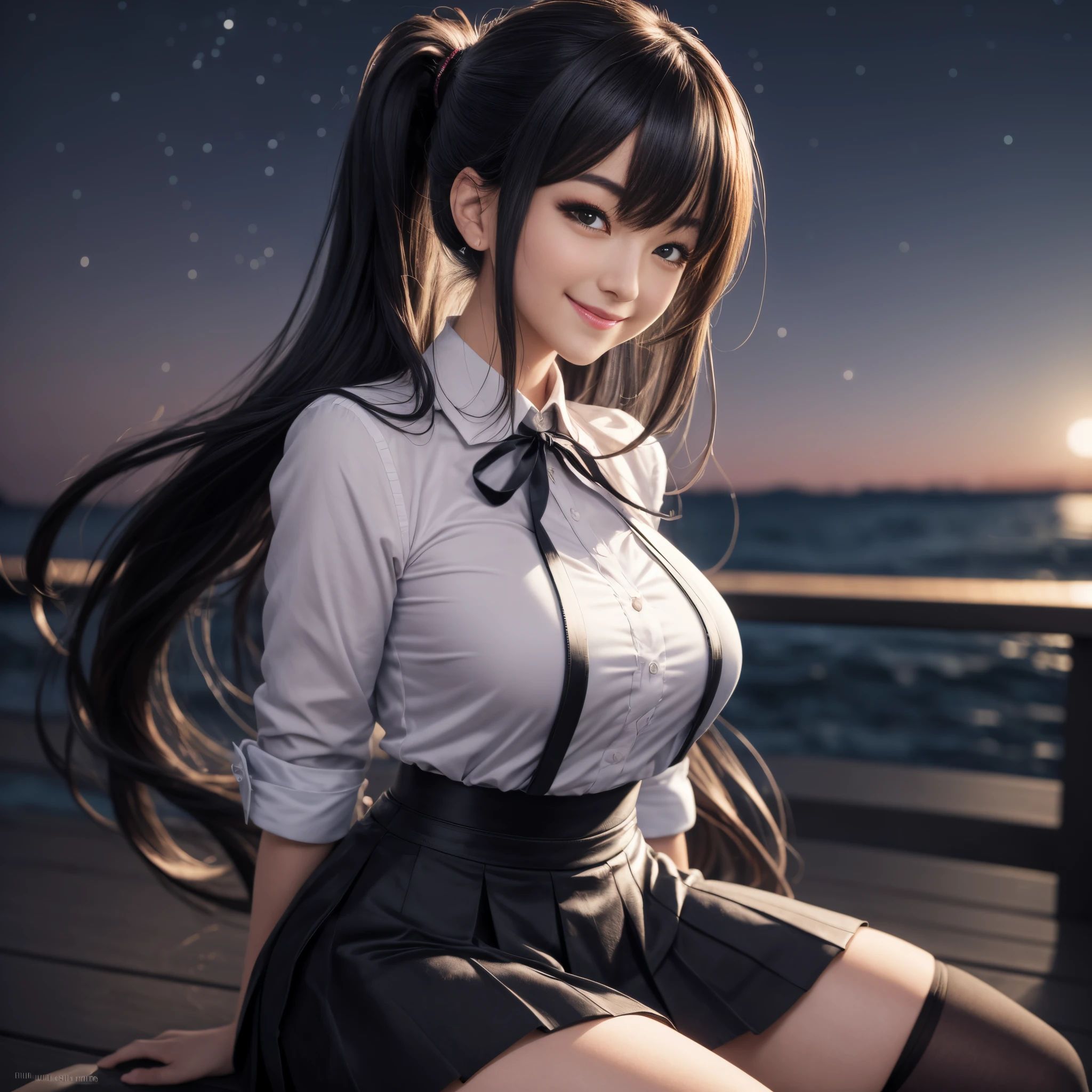 highres, ultra detailed, (1girl:1.3), (dynamic pose):1.0 BREAK, 1 extremely beautiful and glamorous  anime girl sitting on the park bench at night, wearing a white collard shirt and a knee-length long pleats skirt, (black stockings), she has black wavy pony-tail hair style, gigantic-breasted, smile, happy, wind, 8 life size, detailed clothes, detailed body, detailed arms, human hands, detailed hands, upper body shot, hip focus, blush, light smile, looking the viewer, facing the viewer, staring the viewer, Lights are lit around the beach and stars are shining in the sky, studio soft light, cinematic light, detailed background, realistic, ultra-realistic, masterpiece, 32k ultra-sharp image,