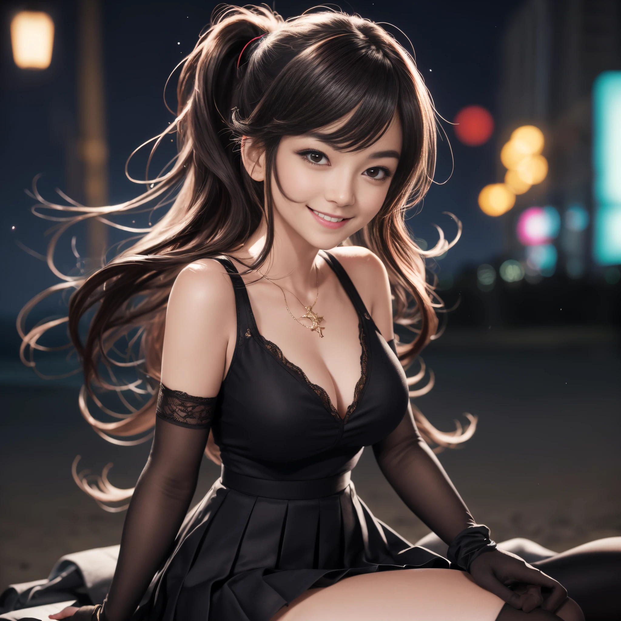 highres, ultra detailed, (1girl:1.3), (dynamic pose):1.0 BREAK, 1 extremely beautiful and glamorous anime girl sitting on the park bench at night, wearing a white collard shirt and a knee-length long pleats skirt, (black stockings), she has black wavy pony-tail hair style, gigantic-breasted, smile, happy, wind, 8 life size, detailed clothes, detailed body, detailed arms, human hands, detailed hands, upper body shot, hip focus, blush, light smile, looking the viewer, facing the viewer, staring the viewer, Lights are lit around the beach and stars are shining in the sky, studio soft light, cinematic light, detailed background, realistic, ultra-realistic, masterpiece, 32k ultra-sharp image,