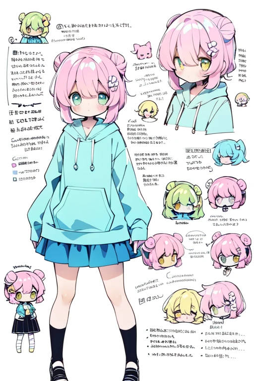 1girl in, ((Character information)、(Chara Leaf)、pastel dimmed colors, (Yellow color palette.:1.2, Blue:1.2, Pink:1.2), (Blue hair bun and blonde), Short fashionable skirt, (Lush pastel dresses), petite girl, robot horse,Type sheet, Character Sheets, Three types,Shot Full Body,Game Character Design,pink hair, green color, Green hoodie,