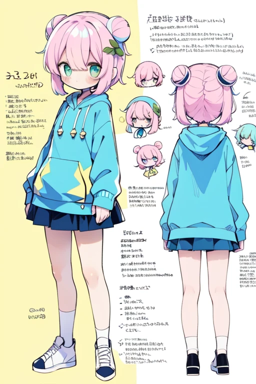 1girl in, ((Character information)、(Chara Leaf)、pastel dimmed colors, (Yellow color palette.:1.2, Blue:1.2, Pink:1.2), (Blue hair bun and blonde), Short fashionable skirt, (Lush pastel dresses), petite girl, robot horse,Type sheet, Character Sheets, Three types，Shot Full Body，Game Character Design，pink hair, green color, Green hoodie，