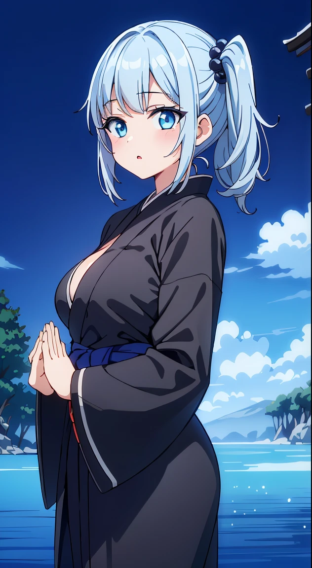 Nsfw,Snow Woman、Beautiful dark blue hair,Big Breasts、Long Hair,Yuki Onna,Cool look,White kimono,(high quality),(blue eyes、Perfect Eyes),(cheek),Narrow eyes,Adult women,Snowstorm in the background,Long sleeves,from_front,The kimono is transparent,skin is white,unamused,hair ornaments,mountain,straddle pov,from below