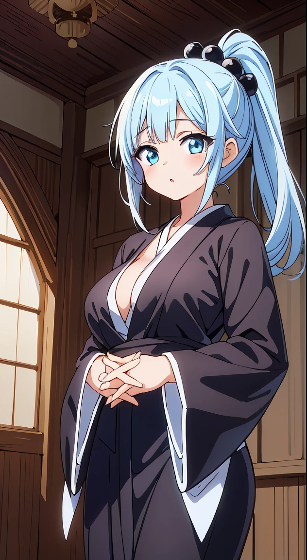 highest quality, very detailed, (masterpiece), (illustration), indoor,Japanese style room, upper body, face, face focus, from front, open kimono, green eyes, gray hair, hair ornaments, bangs, Virtual YouTuber, shine, blunt bangs, double good, animal ears, flat chest,shy, blush, (looking at viewer), Face-to-face audience, throw,:3 ,bare breasts,nsfw,show off nipple