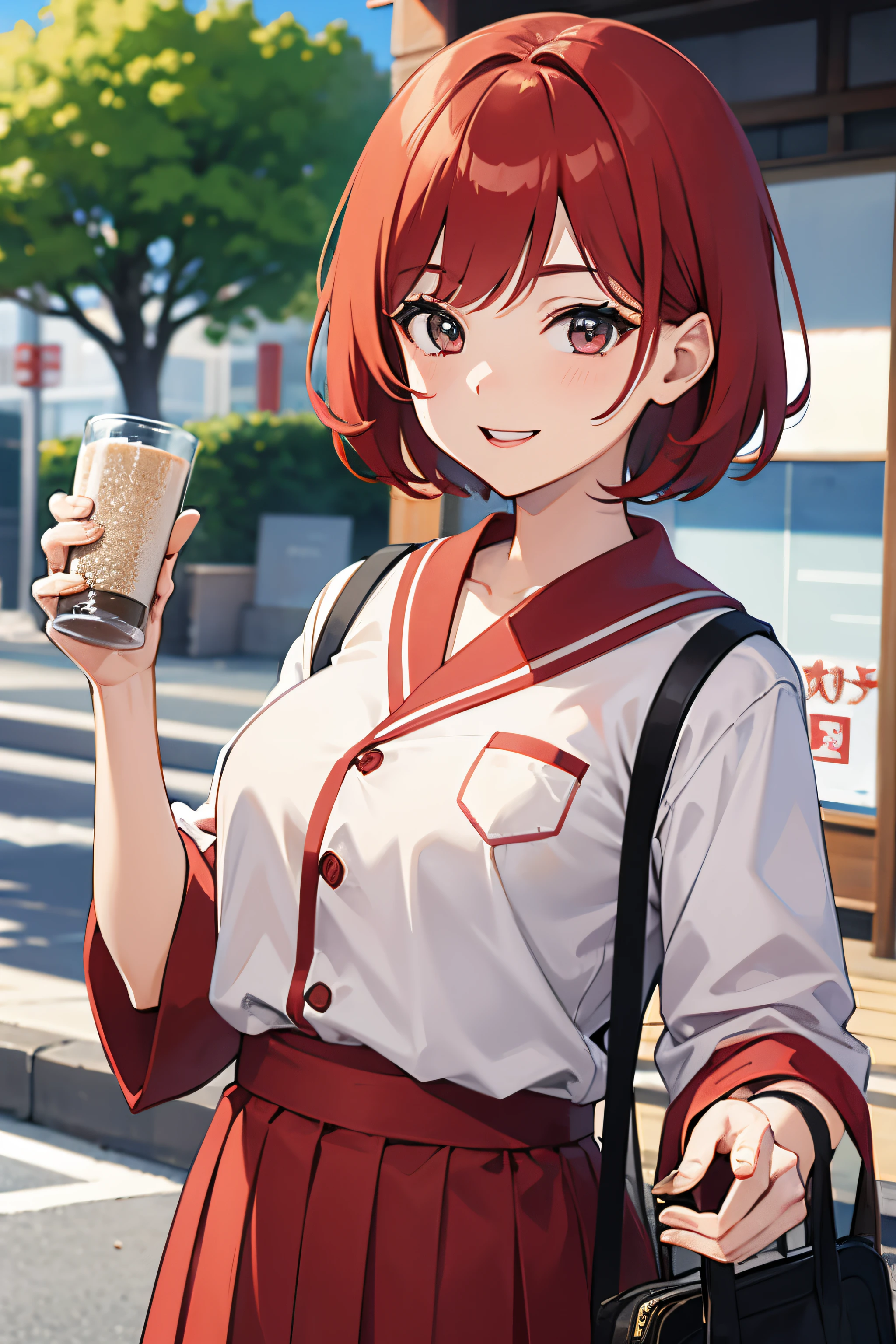 1 girl, red hair, short hair, japanese school uniform, crowd district, smiling, 8k