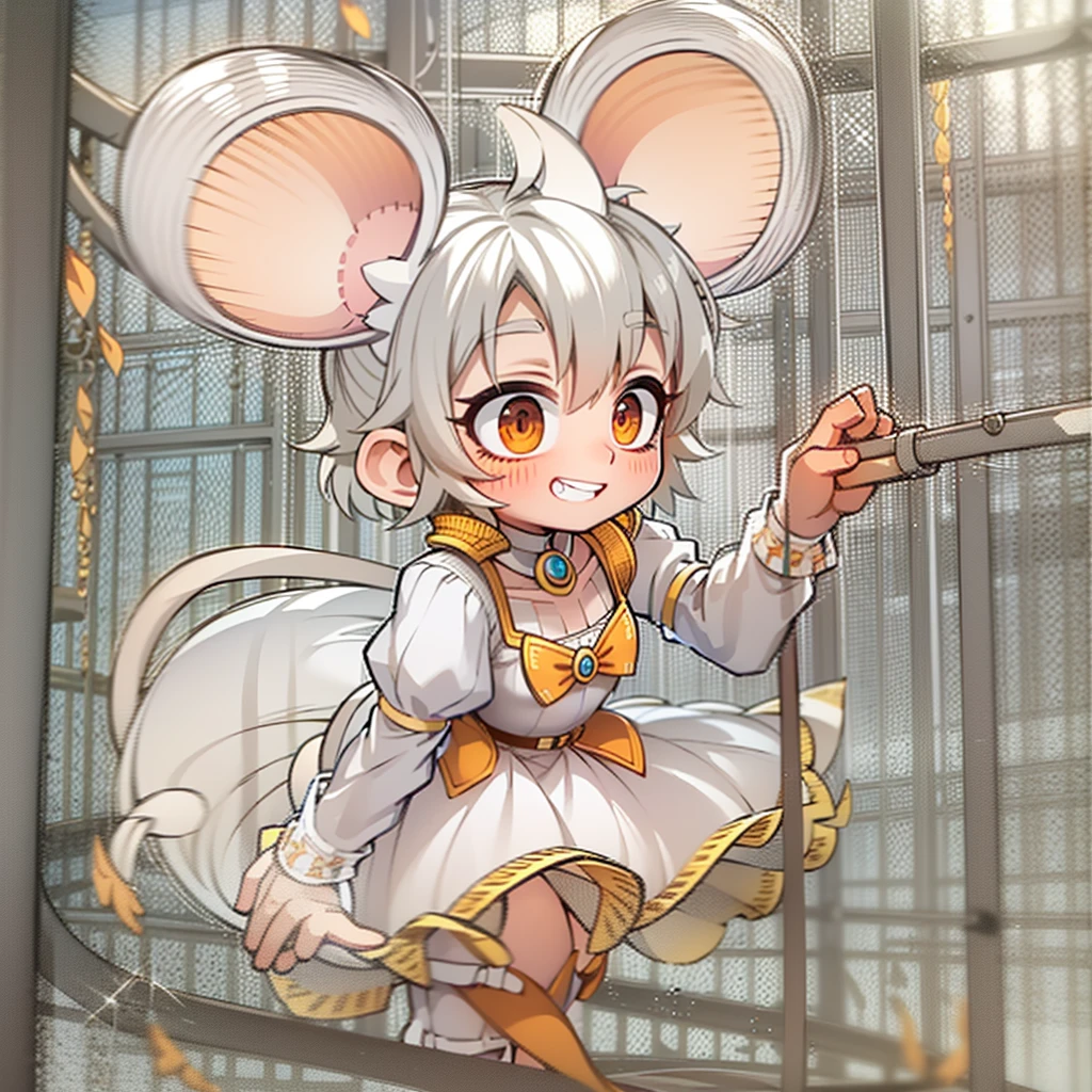 Cute, anthropomorphic mouse girl, confident expression, up tilted nose,small,short body, lacking curves,petite body,white hair,pink mouse tail,cute white dress,hands on hips, looking up at viewer,orange hazel eyes, currently  in a see-through mouse enclosure, mouse cage, confident grin