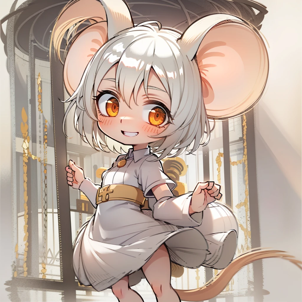 Cute, anthropomorphic mouse girl, confident expression, up tilted nose,small,short body, lacking curves,petite body,white hair,pink mouse tail,cute white dress,hands on hips, looking up at viewer,orange hazel eyes, currently  in a see-through mouse enclosure, mouse cage, confident grin