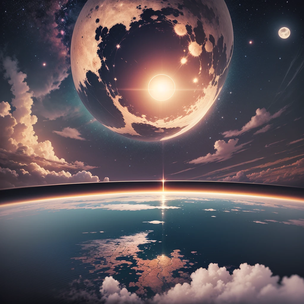 planete venus , ocean d'eau , espace , voie lacté , bien détailler , nuit , planète terre , décor terrestre , soleil , étoiles , sunset , 4K , moon , ultra réaliste , couleur vive , beaucoup de detail , nuages , 16K , haute résolution , (mise au point net maximale 1.3)