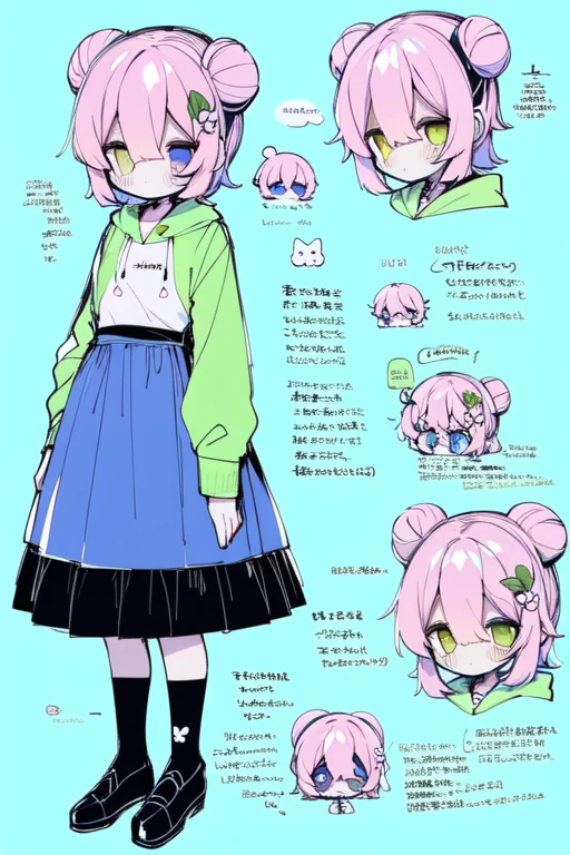 1girl in, ((Character information)、(Chara Leaf)、pastel dimmed colors, (Yellow color palette.:1.2, Blue:1.2, Pink:1.2), (Blue hair bun and blonde), Short fashionable skirt, (Lush pastel dresses), petite girl, robot horse,Type sheet, Character Sheets, Three types,Shot Full Body,Game Character Design,pink hair, green color, Green hoodie,