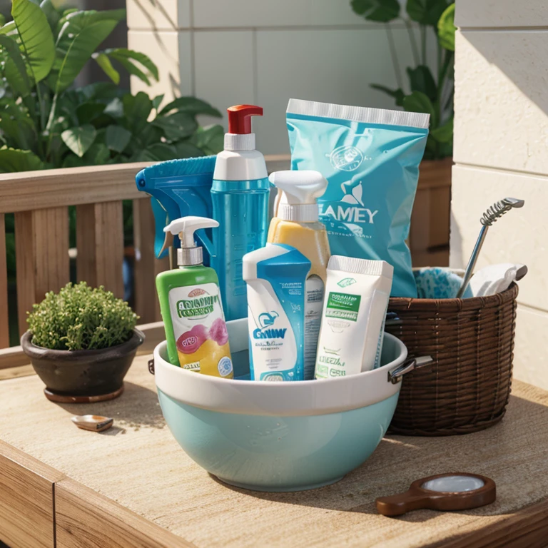 GreenWay products, home cleaning products, facial cosmetics, tea drinks, house wipes, mineral complexes for immunity, 3D rendering.