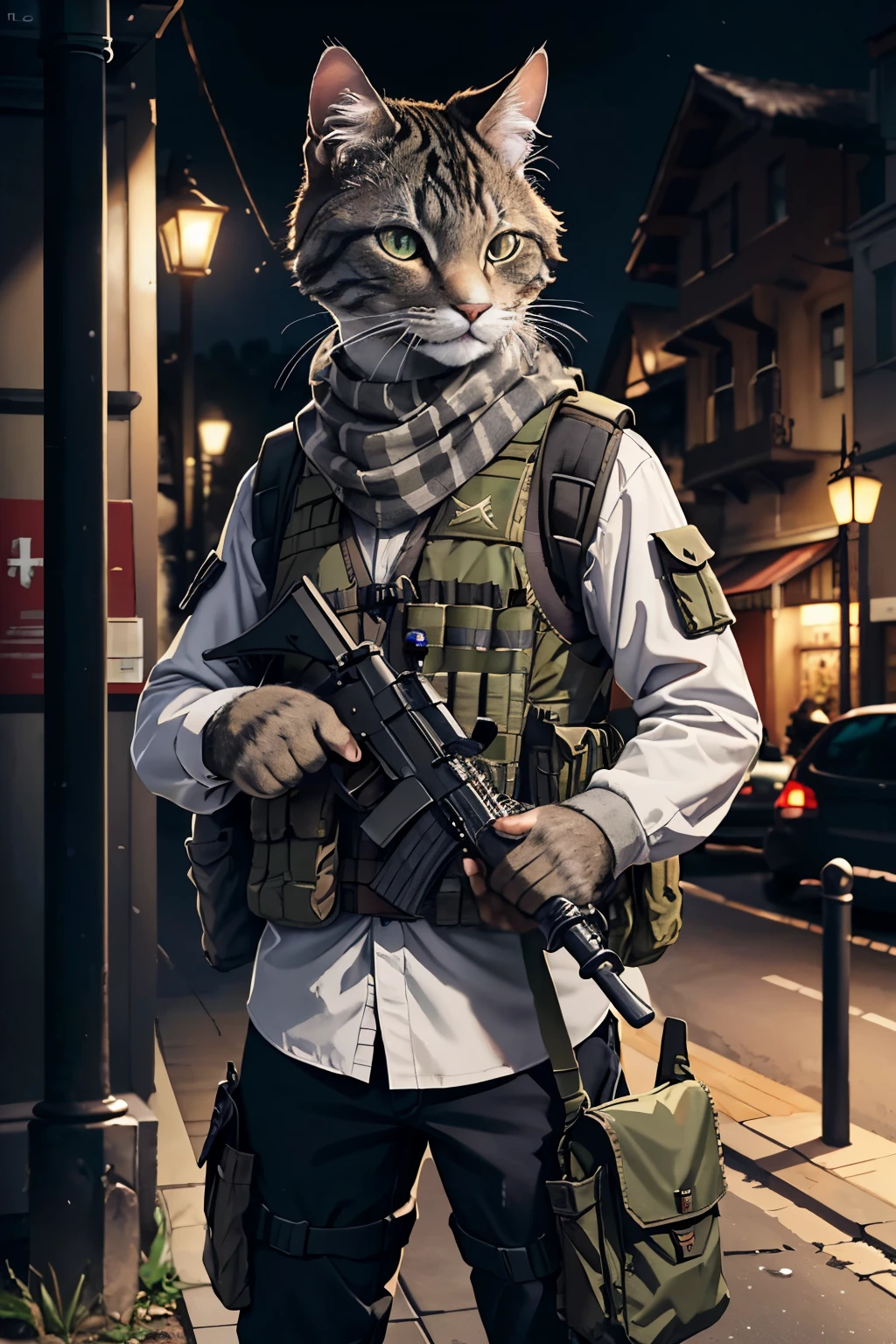 absurdres, (realistic:1.5), (masterpiece, Extremely detailed CG unity 8k wallpaper, best quality, highres:1.2), (ultra_detailed, UHD:1.2), perfect illumination, unreal engine, sidelighting, (dark background:1.4),
(cat:1.2), (tabby cat:1.2), (gray cat:1.4), (no humans:1.4), (furry:1.4), animal focus, animal, solo, standing, weapon, gun, rifle, assault rifle, gloves, holding, holding weapon, holding gun, military, whiskers, load bearing vest, pouch, holster, camouflage, bag, scarf, blurry background,