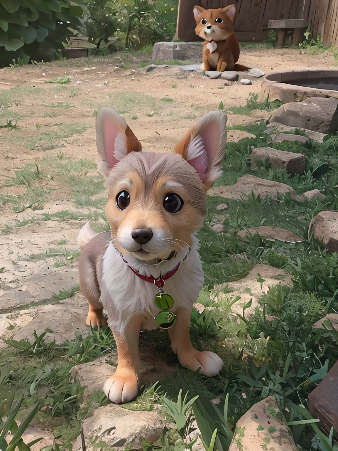 there a small dog that sitting in the grass, extremely handsome, very handsome, very silly looking, stunning!, various posed, looking straight to camera, maximus jacobs, warm shading, very realistic, a handsome, help me, cute ears, aww, cheeky!!!, cute furry needs your help, cute looking, lowres, 2 years old, also very detailed