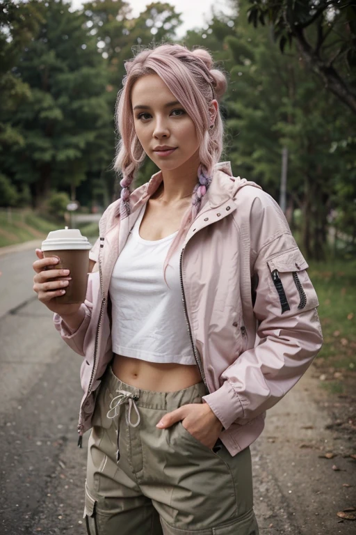 White european woman, dreads sidecut hairstyle, gradient pink hair. Cammo jacket, gray cargo pants, drinking coffe, Perfect hands, perfect body, blurry foreground, accurate, textured skin, super detail, high detail, high quality, 8k