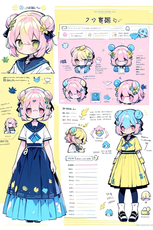 1girl in, ((Character information)、(Chara Leaf)、pastel dimmed colors, (Yellow color palette.:1.2, Blue:1.2, Pink:1.2), (Blue hair bun and blonde), Short fashionable skirt, (Lush pastel dresses), petite girl, robot horse,Type sheet, Character Sheets, Three types,Shot Full Body,Game Character Design,