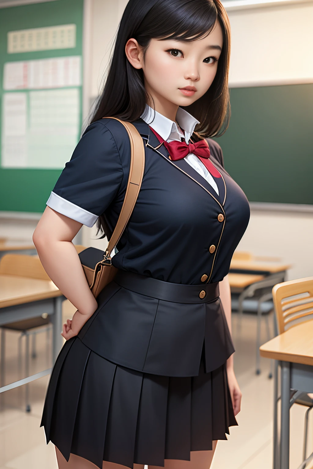  Chinese girl, at school, wearing school uniform, chunky figure, long straight black hair, big breasts