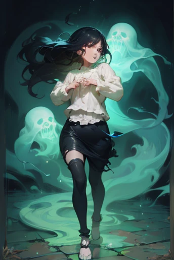 1girl, ghost, (transparent legs, ghostly legs), wraith, floating, standing, gothic horror, tattered ghostly clothes, full body, trapped in a haunted oil painting, painting frame, hyperrealism, ghostly, trapped, (scared, panicked horrified), peter mohrbacher, pierre terblanche, trending on artstation