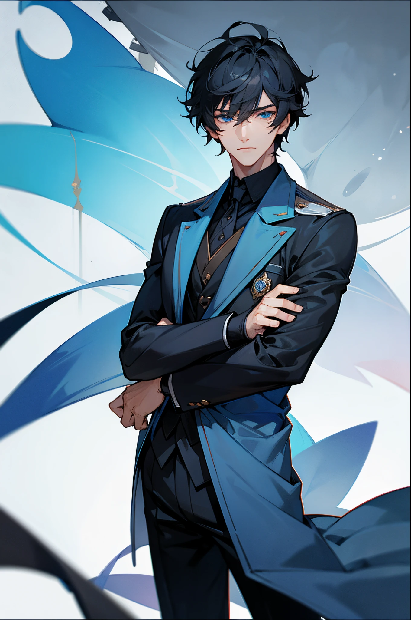 Black short haired, blue eyed, handsome, man, noble, calm, very handsome,