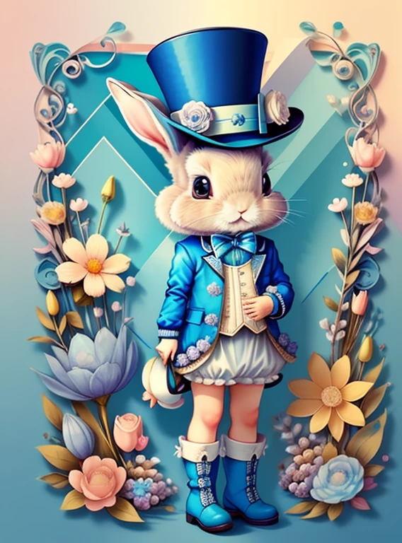 (cute baby rabbit smiling with a jacket, blue top hat, flowers and boots), Munchkin ,Geometric multidimensional wall portrait, livro de arte, Tchibi,
Yang08k, Beautiful, Colouring,
Obras, of the highest quality, best quality, Arte Oficial, Beautiful and Aesthetic,