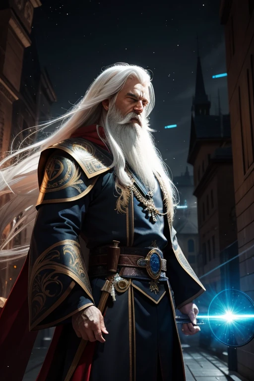 Templar, Long beard, White hair,Hanfu， ((Glow light effect))), Dynamic panning photography movement::1, midnight illuminator, (tmasterpiece), Best quality at best, Perfect beautiful face, 8K