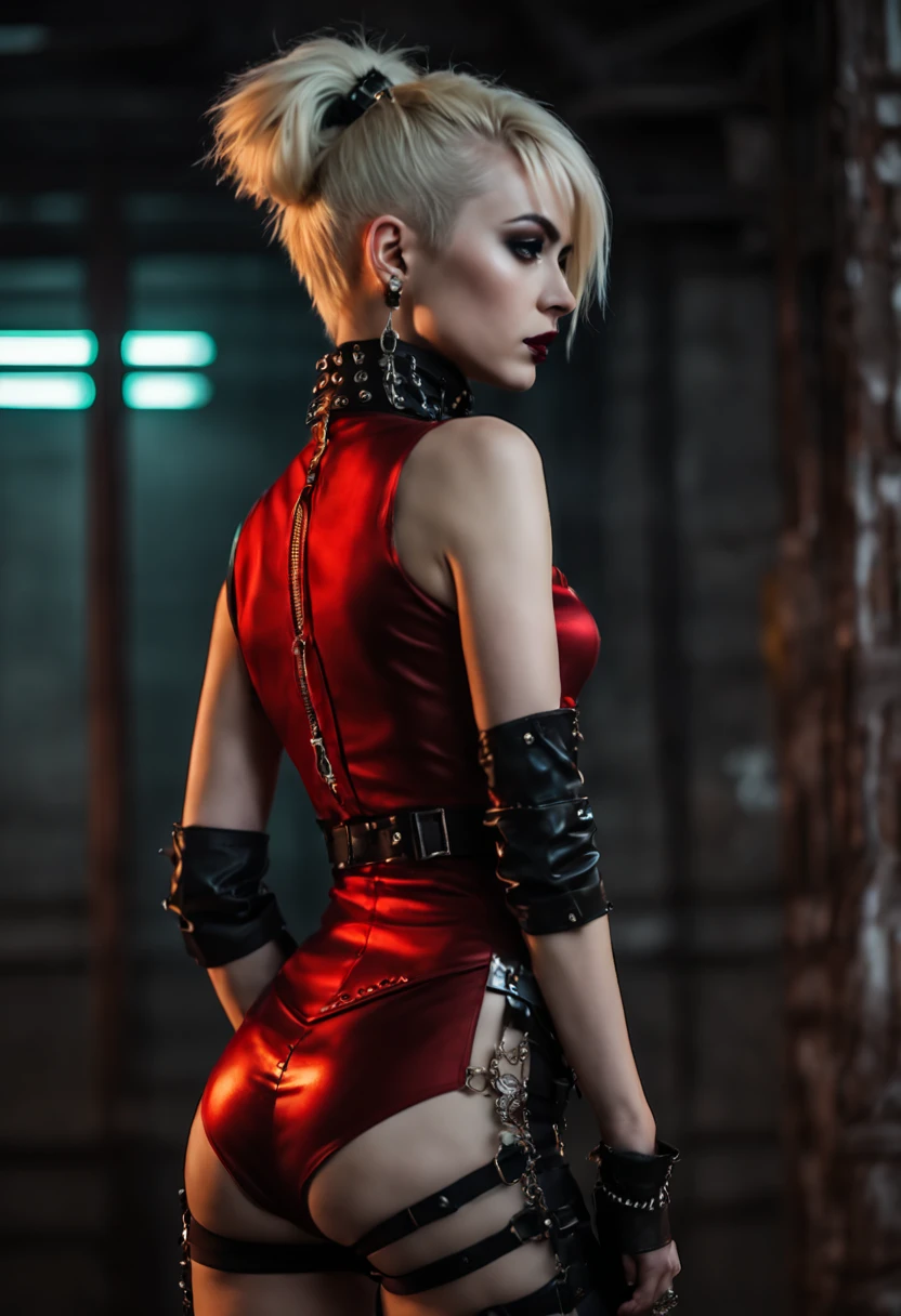 close-up full body back shot photo of a woman in red open femdom clothes, edgy and bold hairstyle, blond hair, crop top, hotpants, Metal jewelry, Dynamic posture, handsome body, slim figure, small breasts, seductive cyberpunk dark fantasy, Sensual, Gloomy style, dark fantasy mixed with realism, goth girl, dominatrix in play, femdom in play, mistress, seductive, very beautiful goth top model, gothic horror vibes, The Queen of Dark Gothic, Gothic atmosphere, goth woman, Awesome and gloomy, ornamental gothic - cyberpunk, Gothic - Cyberpunk,