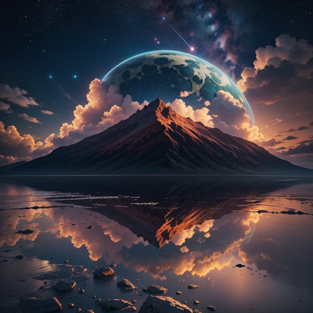 planete volcanique, volcan , ocean d'eau , espace , voie lacté , bien détailler , nuit , planète terre , décor terrestre , soleil , étoiles , sunset , 4K , moon , ultra réaliste , couleur vive , beaucoup de detail , nuages , 16K , haute résolution , (mise au point net maximale 1.3)