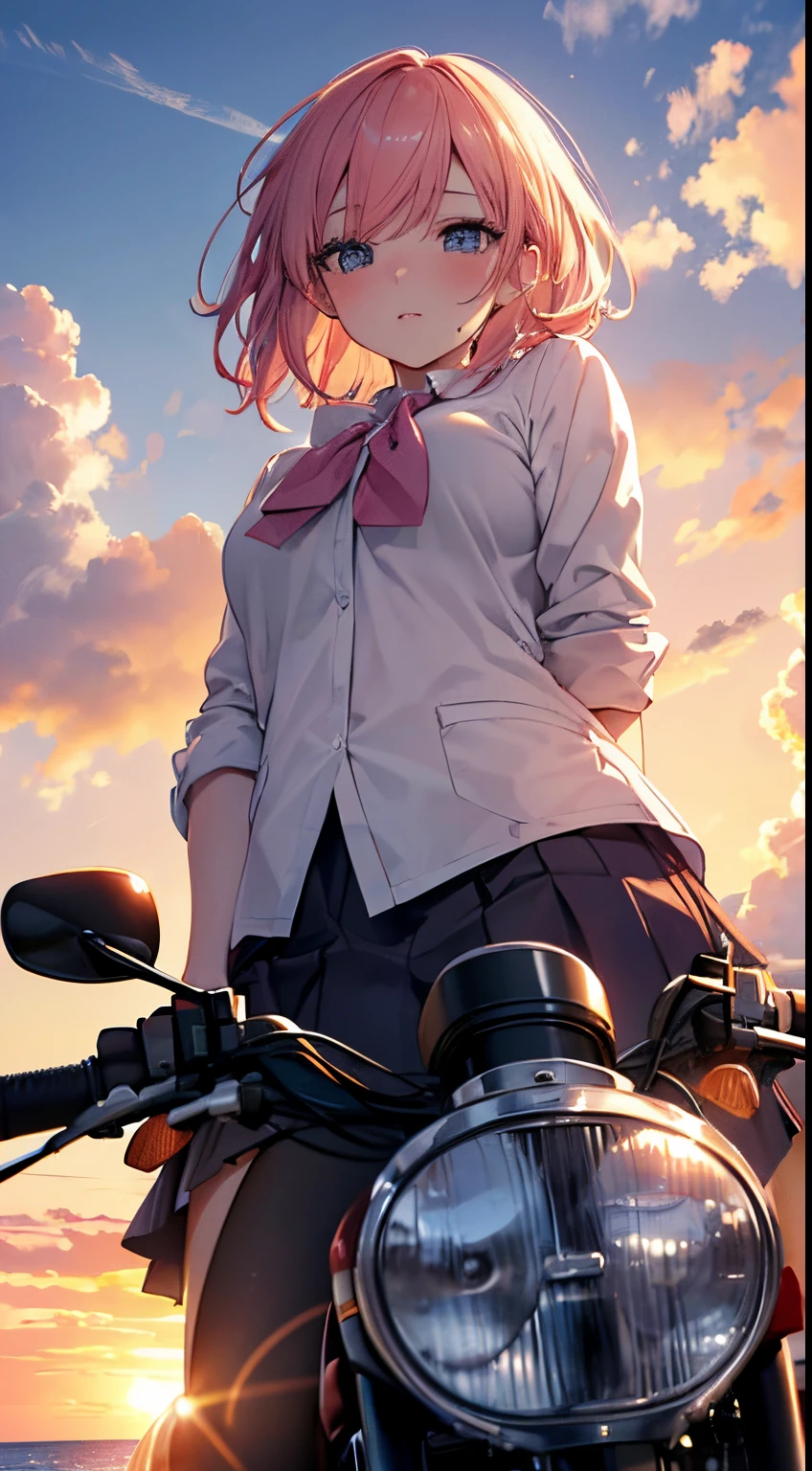 (from below:1.4), (Best Quality,4K,8K,hight resolution,masutepiece:1.2), Ultra-detailed, Realistic:1.37, Delicate eyes are drawn, Delicate lips are drawn, extremely detailed eye and face, l Beautiful girl ride on motorcycle , pink bob hair, wet school uniform, Plump breasts, Blushing face, photo eyes, orange sky and clouds, sunset seashore,