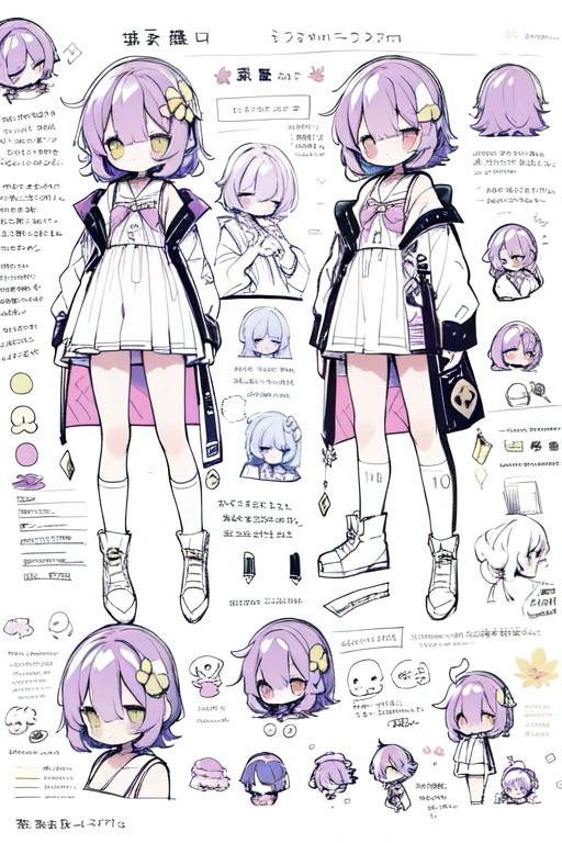 1girl in, ((Character information)、(Chara Leaf)、pastel dimmed colors, Type sheet, Character Sheets, Three types,Shot Full Body,Game Character Design,