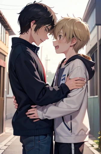 2 boy,(eye contact:1.3),black hair and brown hair,hug from behind,t-shirt,shorts,(Groping crotch),hands in shorts,Back Alley,(detailed eyes),detailed skin,masterpiece,best quality