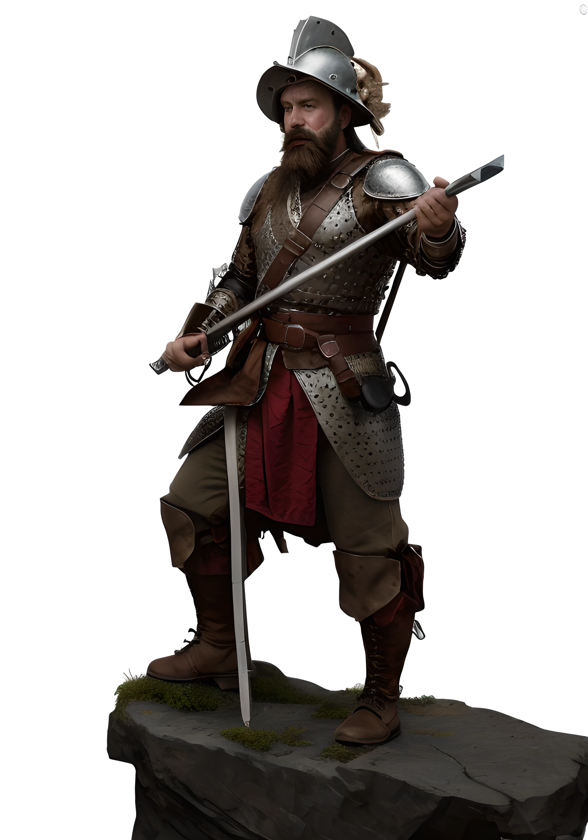 Create a realistic full-body portrait of a historical 60 year old soldier, balboa, standing on a rock. He wearing a traditional 16th-century European armor with a plumed helmet, holding a musket. His attire detailed, featuring chainmail, leather straps, and metal plates, with a red sash around his waist. His expression stern and commanding, with a full beard and mustache. The setting natural, with a rock underfoot suggesting he's on a rugged terrain, and the atmosphere should convey the seriousness and gravity befitting a soldier of his era.