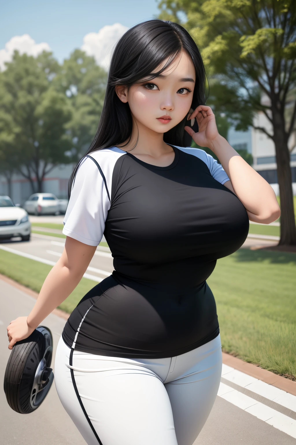 13 year old Chinese girl, outside playing sports, wearing white short sleeve shirt and black and white joggers, curvy figure, long straight black hair, big breasts