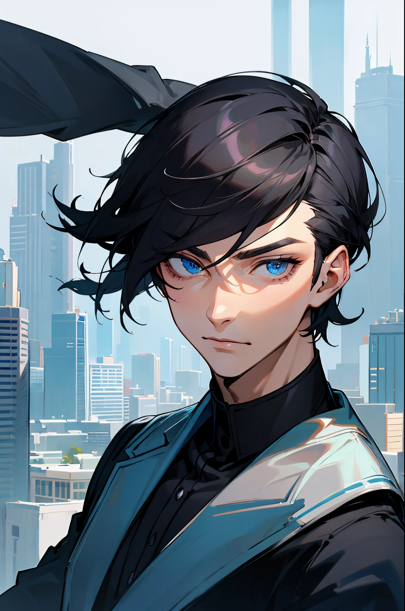 Black short haired, blue eyed, handsome, man, noble, very handsome, background city