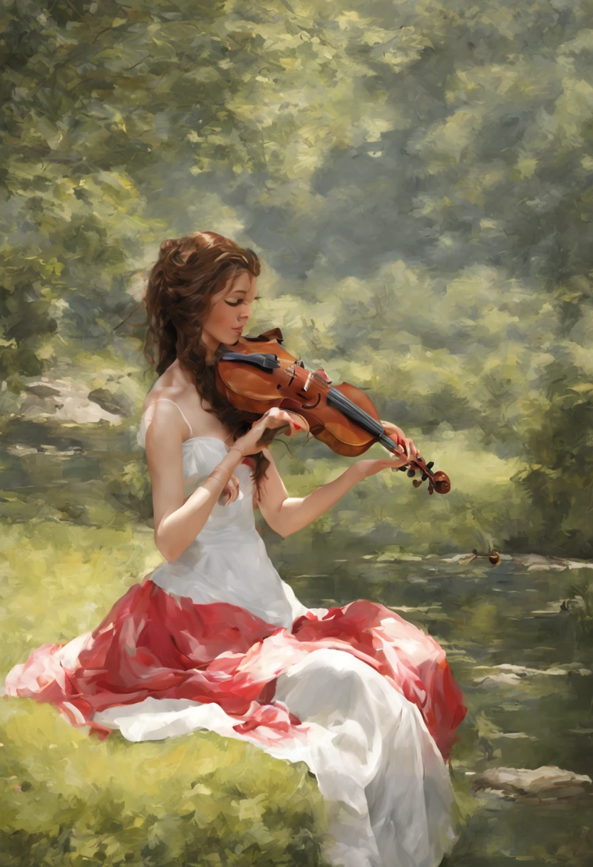 (best quality,4k,8k,highres,masterpiece:1.2),ultra-detailed,(realistic,photorealistic,photo-realistic:1.37),outdoor,lush greenery,musical performance,musical instrument,cello player,peaceful atmosphere,classical music,river stream,serene,tranquil,wooded area,tuxedo,women,red dress,observing,chair,beautiful surroundings,harmony,riverbank,gentle breeze,elegant,detailed facial expression,calm environment,symphonic melodies,musical talent,pianissimo,vivid colors,dappled sunlight,ethereal,melodic composition,emotional connection,aesthetic,sublime,fine art,life-like depiction