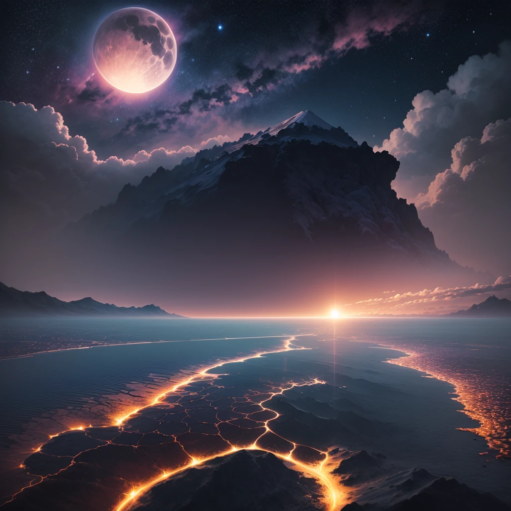 planete volcanique, volcan , ocean d'eau , espace , voie lacté , well detailed , nuit  , terrestrial decor , soleil , stars , sunset , 4K , ultra realist , couleur vive , beaucoup de detail , nuages détailer , 16K , high resolucion , (mise au point net maximale 1.3)
