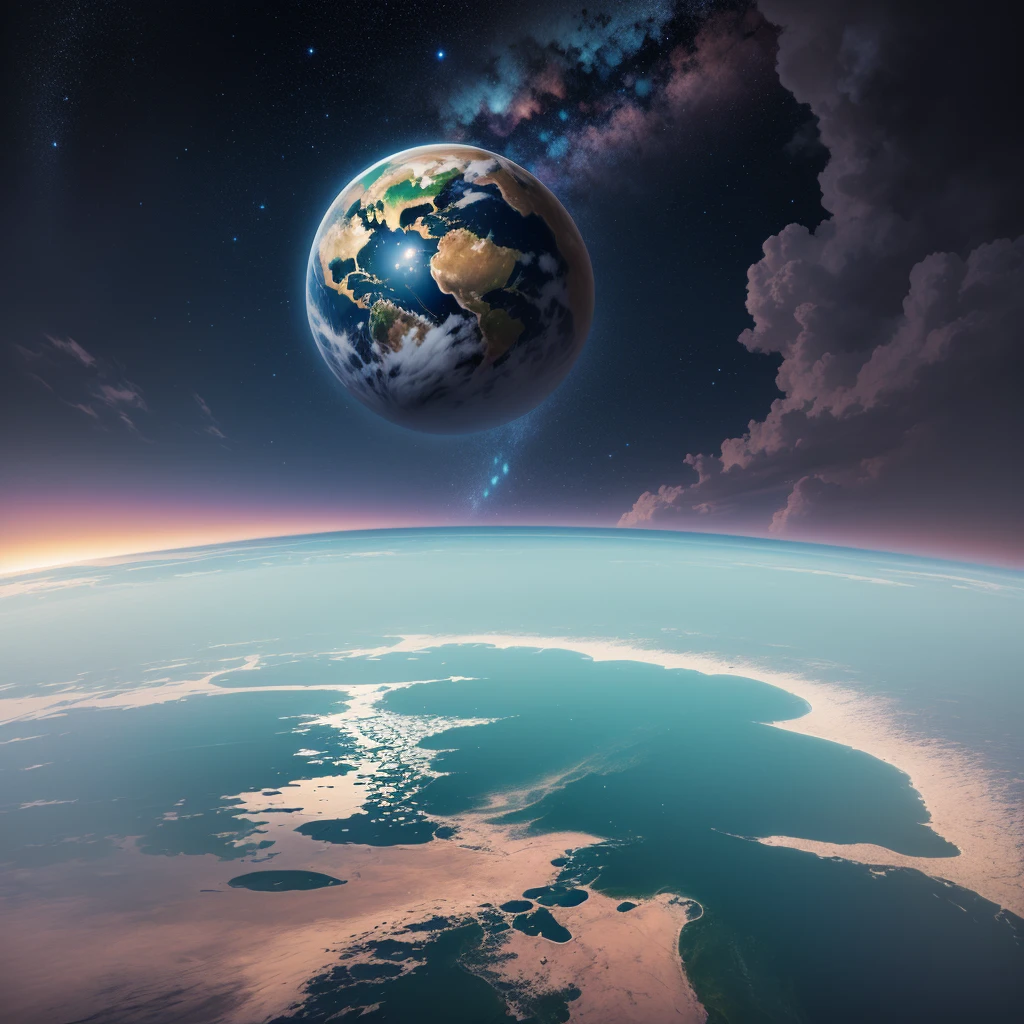 planete volcanique, volcan , ocean d'eau , espace , voie lacté , well detailed , nuit , terrestrial decor , soleil , stars , sunset , 4K , ultra realist , couleur vive , beaucoup de detail , nuages détailer , 16K , high resolucion , (mise au point net maximale 1.3)