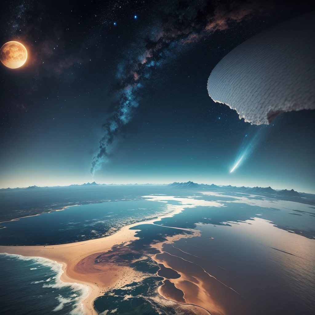 planete volcanique, volcan , ocean d'eau , espace , voie lacté , well detailed , nuit , terrestrial decor , soleil , stars , sunset , 4K , ultra realist , couleur vive , beaucoup de detail , nuages détailer , 16K , high resolucion , (mise au point net maximale 1.3)