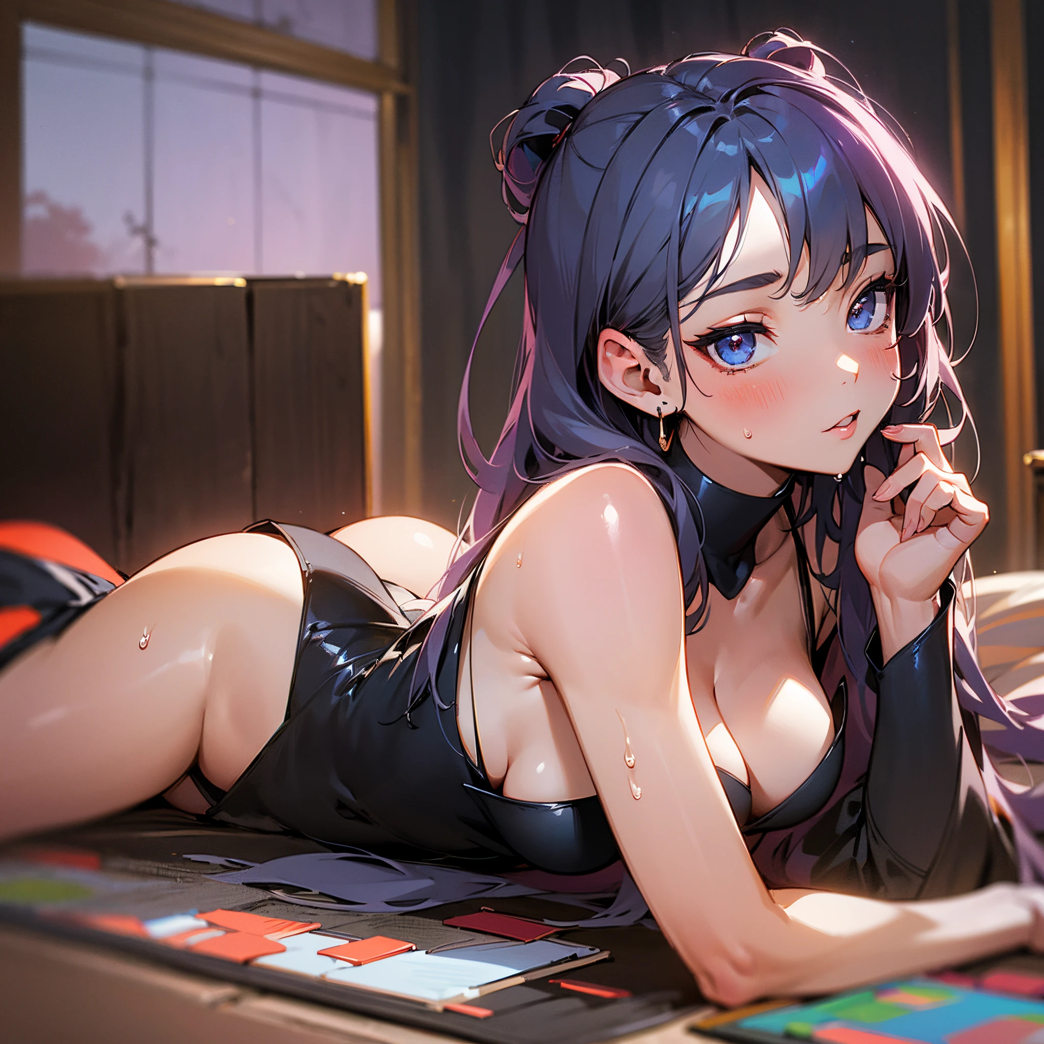 (La mejor calidad, 8k, 32K, Obra maestra, UHD:1.hoto de glamurosa mujer japonesa, 1girl, ((pechos enormes :1.5)), (Abs, Figura esbelta, cuerpo perfecto :1.2), Cabello medio-corto: 1.1, (wet black erotic dress: 1.1), (interior, Noche :1.2), lie on the bed, Cara ultra detallada, Labios detallados, ojos detallados, 二重まぶた --auto --s2