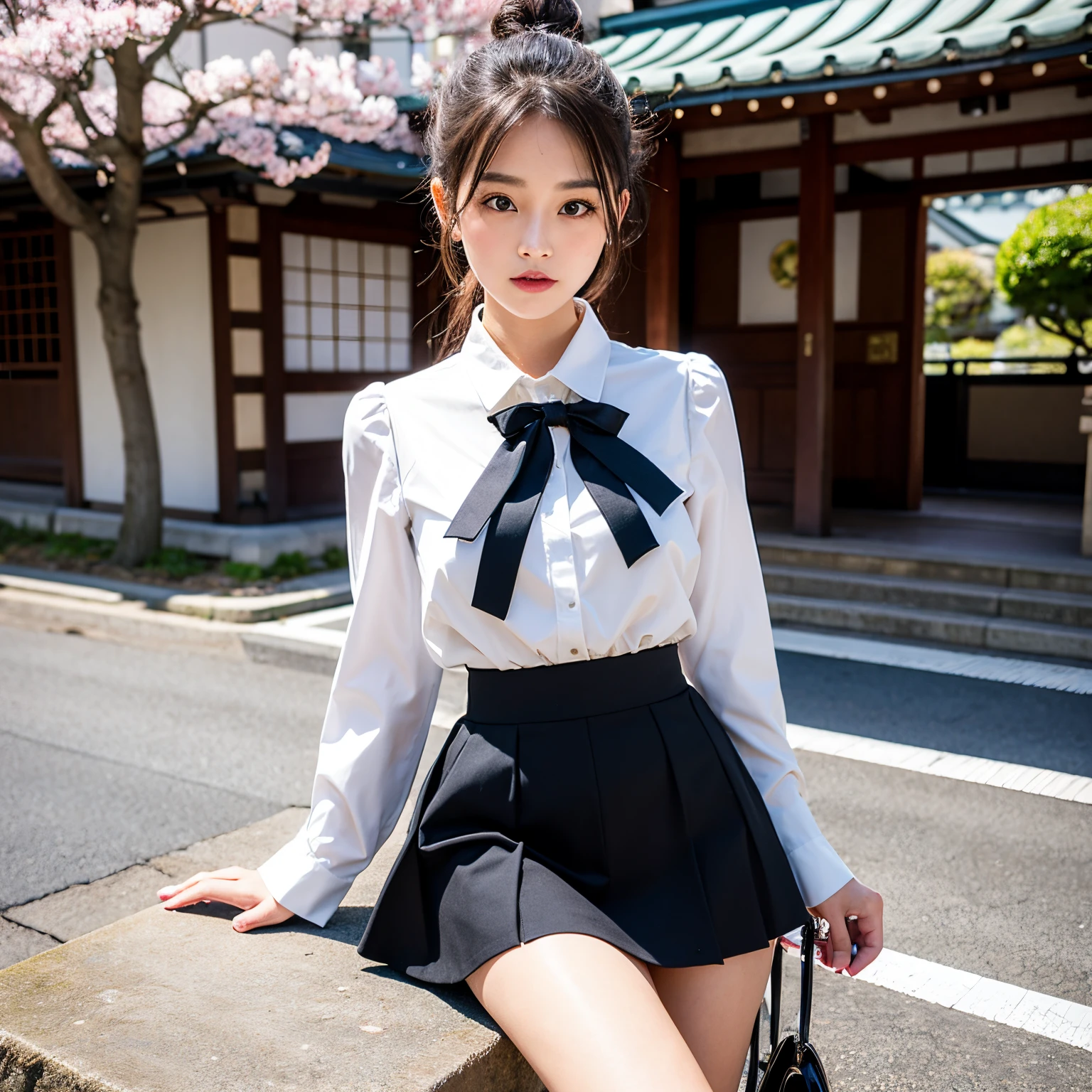 20 year old woman in Japan、White blouse with black ribbon、a black skirt、Seductive