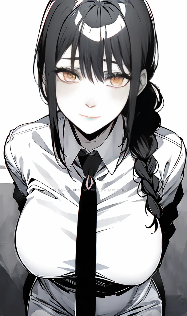 anime girl with long black hair and a white shirt and tie, akane owari danganronpa, gapmoe yandere, anime moe artstyle, beautiful anime high school girl, black anime pupils in her eyes, hinata hyuga, portrait gapmoe yandere grimdark, yandere. tall, (anime girl), portrait anime girl, with glowing red eyes